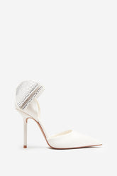 Flashing Lights | Ivory Satin Pointed Court Heels With Diamante Bows