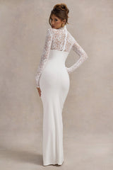 Arden | White High-Neck Split Maxi Dress With Lace Sleeves