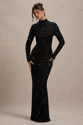 Galaxy | Black Sequin Turtle-Neck Long-Sleeve Maxi Dress