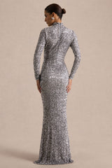 Galaxy | Silver Sequin Turtle-Neck Long-Sleeve Maxi Dress
