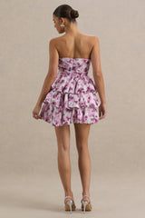 Swirl | Cream Floral Print Bandeau Puffball Mini Dress With Ruffle Detail