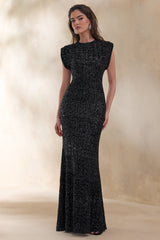 Aurah | Black Sequin Crew-Neck Maxi Dress With Cap Sleeves