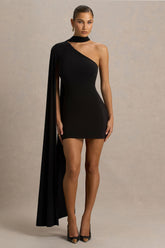 Arianne | Black Asymmetric-Neck Mini Dress With Scarf Detail
