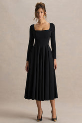 Alison | Black Square-Neck A-Line Midi Dress