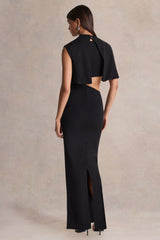 Roseth | Black High-Neck Maxi Dress With One-Sleeve And Body Cut-Out Detail
