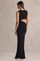 Roseth | Black High-Neck Maxi Dress With One-Sleeve And Body Cut-Out Detail