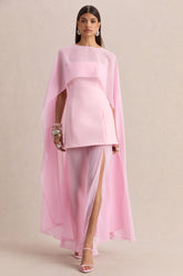 Chessa | Light Pink Boat-Neck Maxi Dress With Sheer Cape