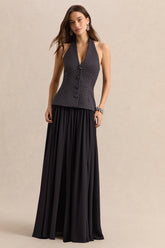 Zarina | Black & White Plunge-Neck Maxi Dress