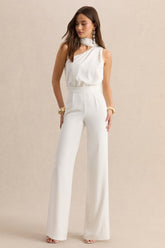 Gliselle | White Asymmetric-Neck Jumpsuit With Cape