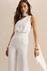 Gliselle | White Asymmetric-Neck Jumpsuit With Cape