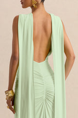 Premiere | Mint Boat-Neck Maxi Dress With Cape-Sleeves And Open-Back