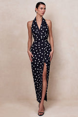 Hana | Black & White Polka Dot Plunge-Neck Tailored Maxi Dress