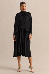 Honora | Black High-Neck Maxi Dress With Cape-Sleeves