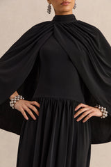 Honora | Black High-Neck Maxi Dress With Cape-Sleeves