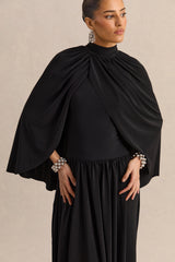 Honora | Black High-Neck Maxi Dress With Cape-Sleeves