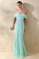 Aries | Mint Lace Bardot-Neck Maxi Dress With Gathered Detailing