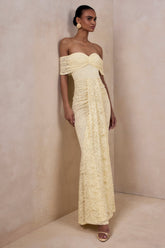Aries | Lemon Lace Bardot-Neck Maxi Dress With Gathered Detailing