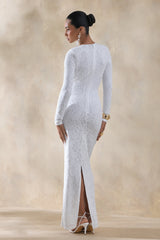 Evangela | White Lace Crew-Neck Maxi Dress With Wrap-Detail