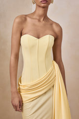 Oakley | Lemon Satin Bandeau Maxi Dress With Draped Skirt