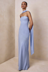 Charly | Powder Blue Satin Bandeau Maxi Dress With Scarf-Detail