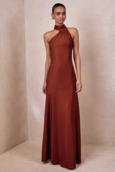 Cara | Rust Satin High-Neck Maxi Dress