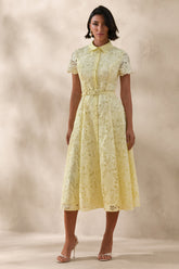 Zalie | Yellow Lace High-Neck Belted Midi Dress