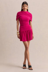 Fenella | Hot Pink Crew-Neck Mini Dress With Cape-Sleeves And Ruched Detailing