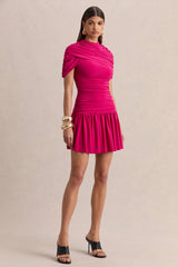 Fenella | Hot Pink Crew-Neck Mini Dress With Cape-Sleeves And Ruched Detailing