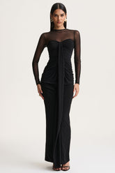 Cadenza | Black Crew-Neck Maxi Dress With Mesh And Gathered-Detailing