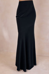 Vayla | Black Satin Asymmetric Drop-Waist Maxi Skirt