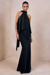 Vayla | Black Satin Asymmetric Drop-Waist Maxi Skirt