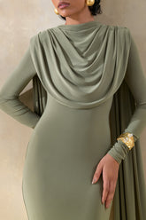 Lysoria | Olive High-Neck Maxi Dress With Draped-Detailing And Cape-Sleeves