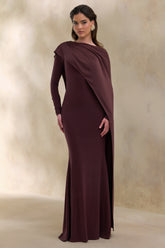 Salenne | Brown Round-Neck Maxi Dress With Satin Asymmetric-Cape