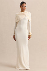 Evessa | Cream High-Neck Maxi Dress With Gathered-Detailing