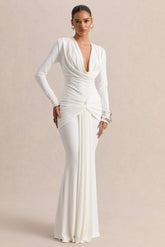 Palerma | White Draped Cowl-Neck Maxi-Dress With Gathered-Detailing
