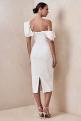 Farvera | White Draped Asymmetric-Neck Midi Dress
