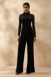 Emeria | Black High-Neck Jumpsuit With Long Mesh-Sleeves