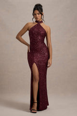 On The Rise | Berry Sequin High-Neck Strappy-Back Split Maxi Dress