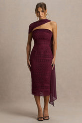 Secret | Burgundy Bandeau Lace Midi Dress With Scarf Detail