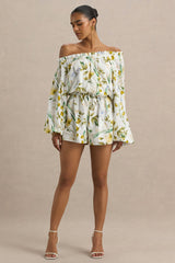 Waterfall | White Botanical Print Asymmetric Long-Sleeve Playsuit