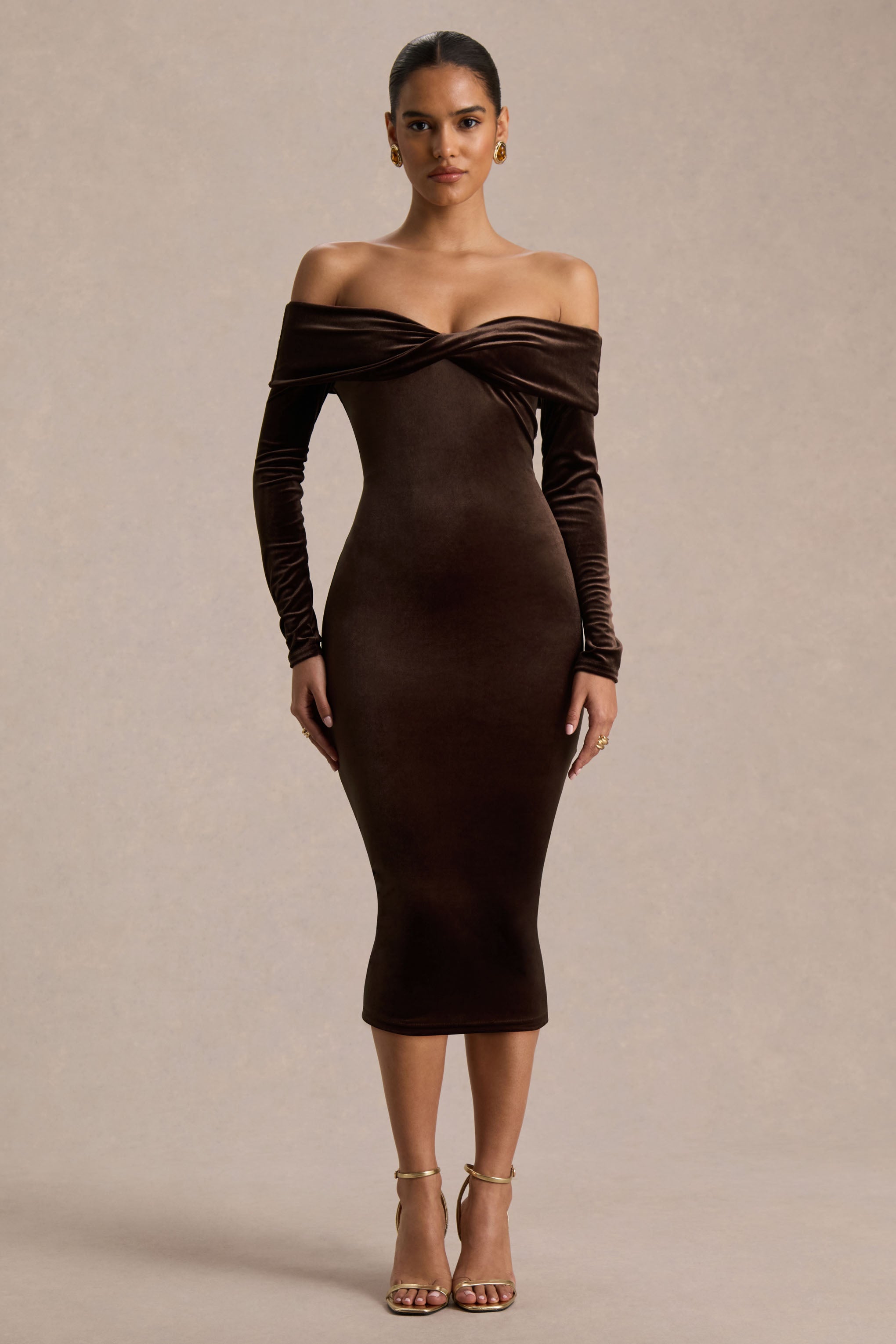 Compliment | Brown Velvet Bardot Midi Dress