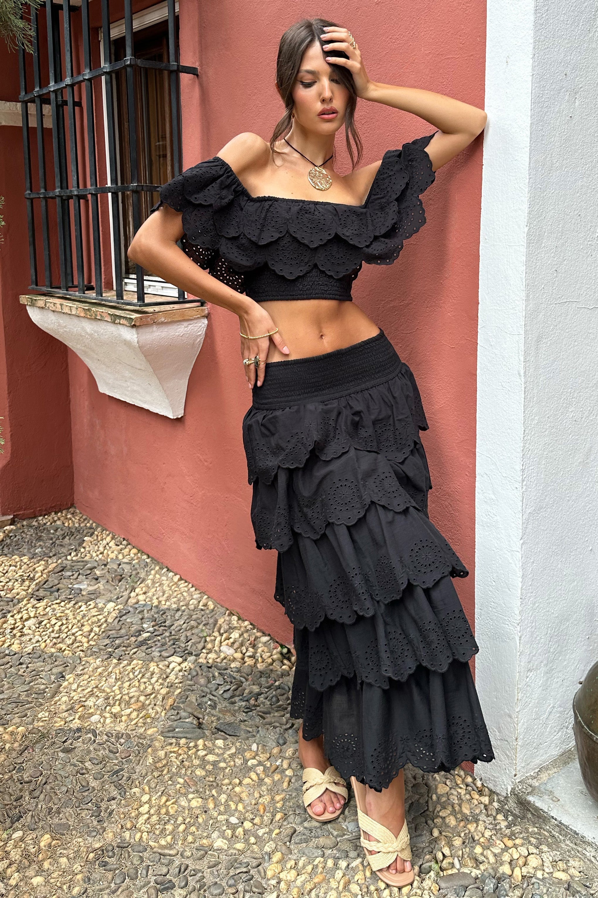 Breathtaking | Black Broderie Ruffled Bardot Crop Top