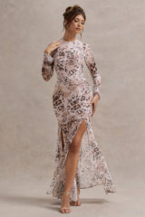 Tigerlily | Leopard Print Mesh Long-Sleeve Open-Back Maxi Dress