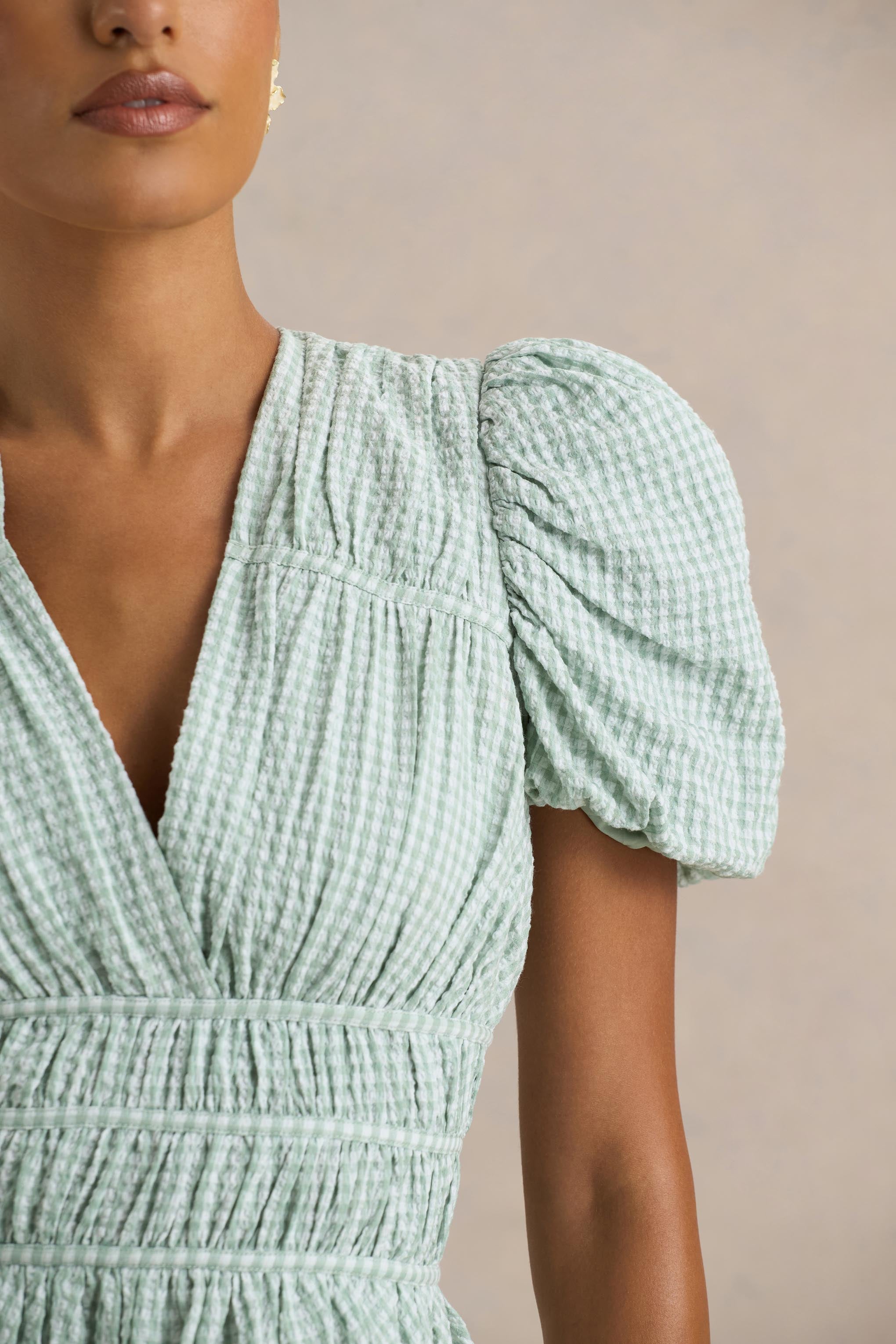 Laurelle | Green Extreme Plunge-Neck Mini Dress With Ruffled Detailing