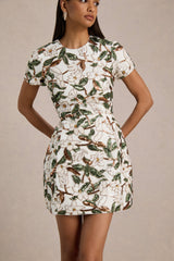Ophelia | White And Green Embellished Sequin Floral And Mesh Mini Dress With Short Sleeves