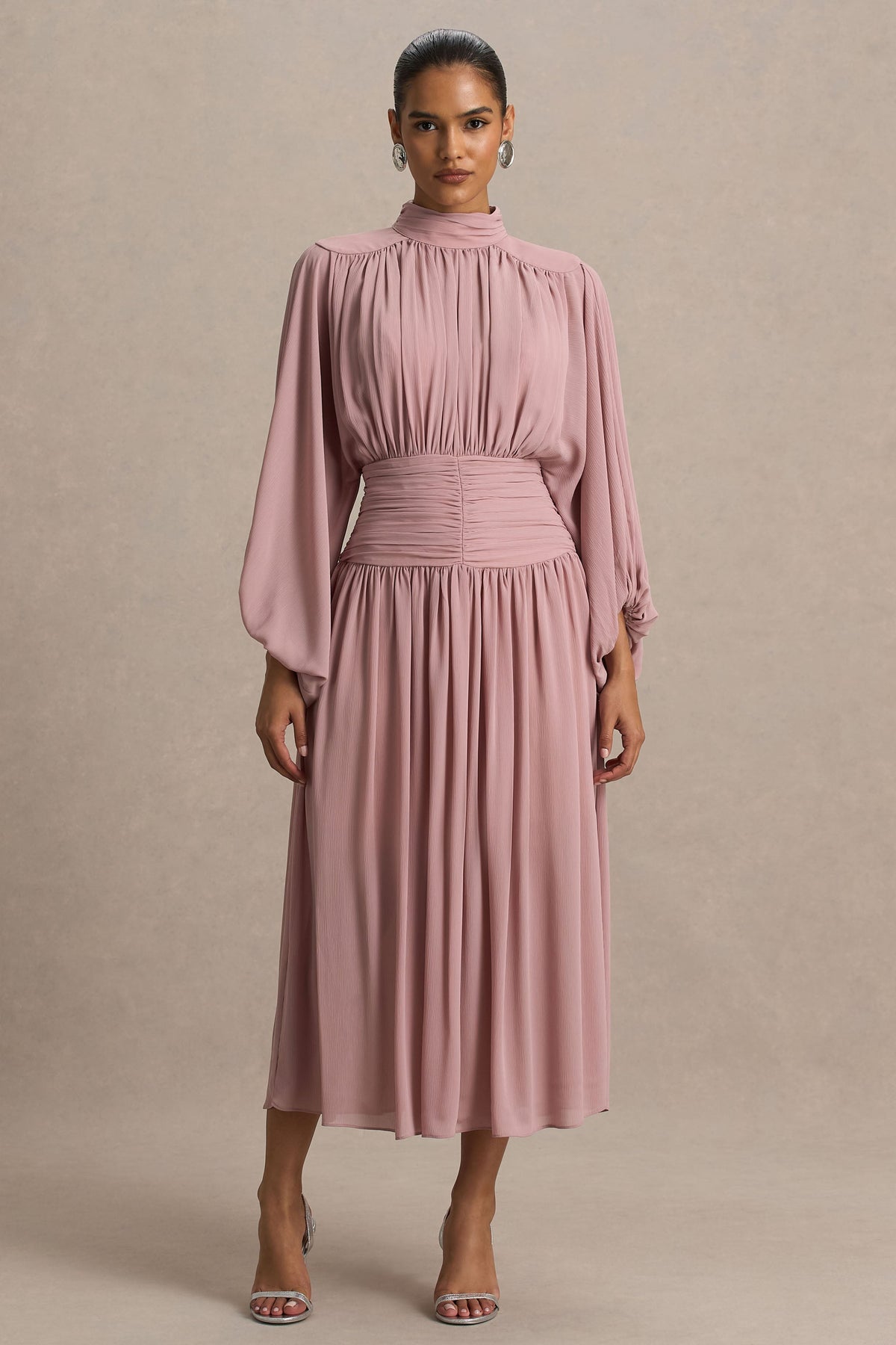 Annabel | Dusty Pink High-Neck Midi Dress With Pleating