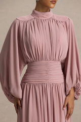 Annabel | Dusty Pink High-Neck Midi Dress With Pleating