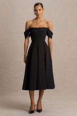 Cosima | Black Bardot-Neck Midi Dress