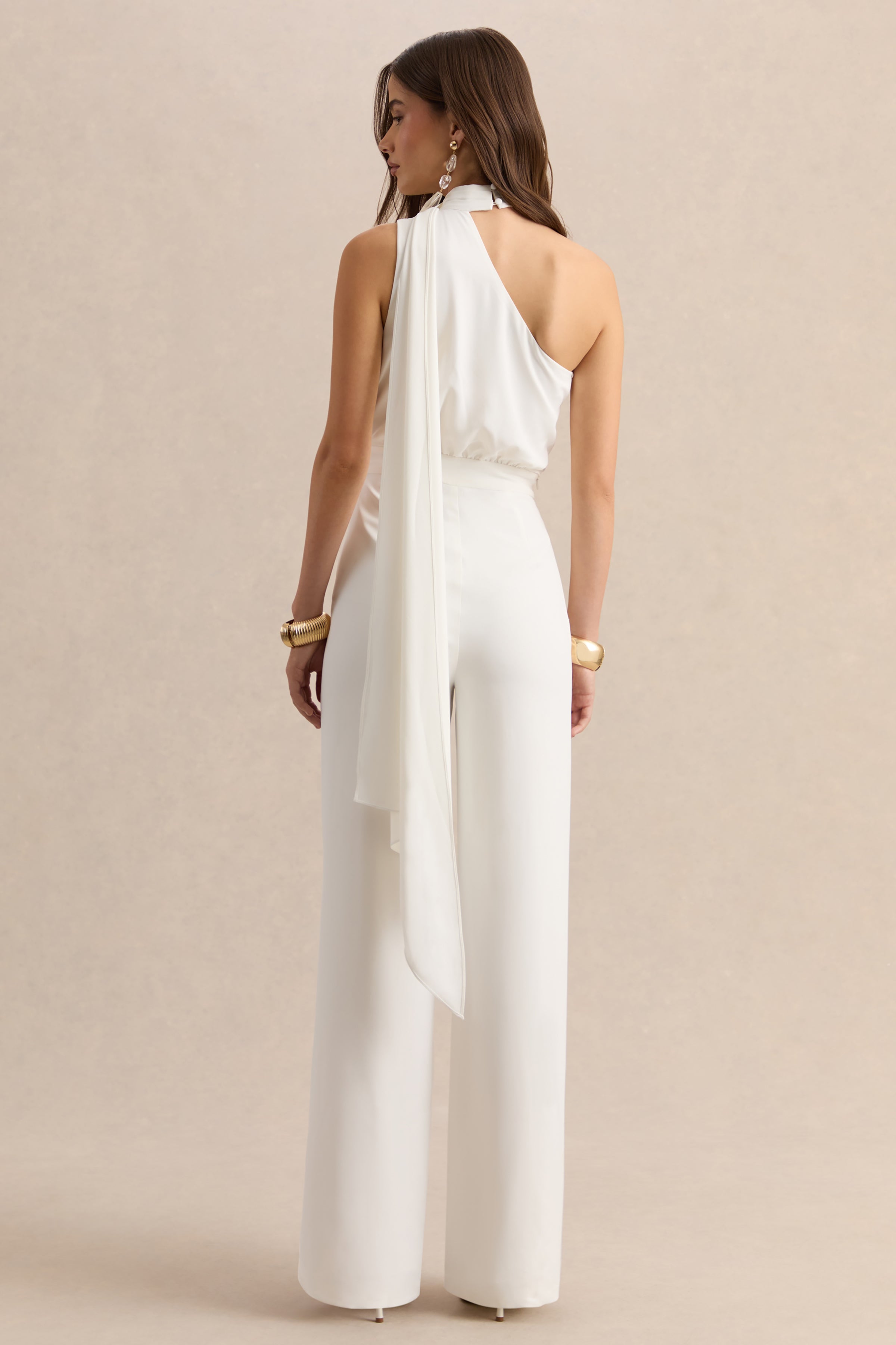 Gliselle | White Asymmetric-Neck Jumpsuit With Cape