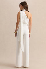 Gliselle | White Asymmetric-Neck Jumpsuit With Cape